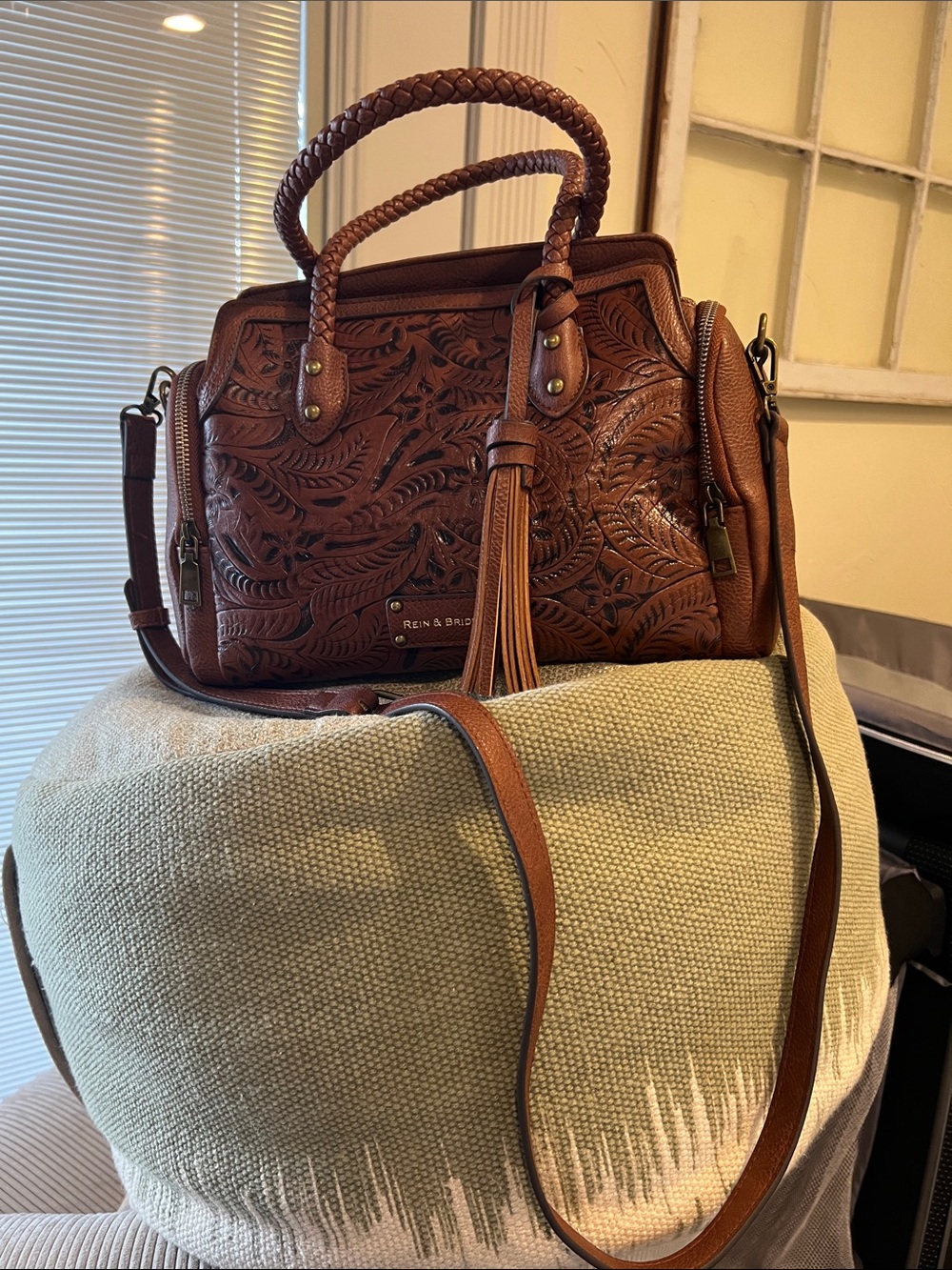 Brown Tooled Faux Leather Satchel with Tassel